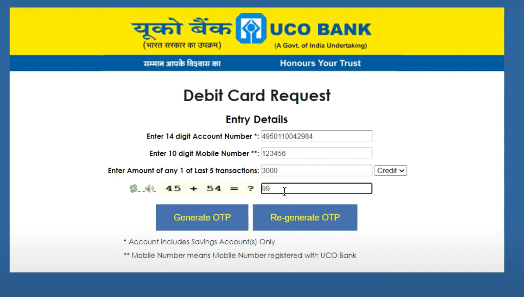 UCO bank debit card apply online