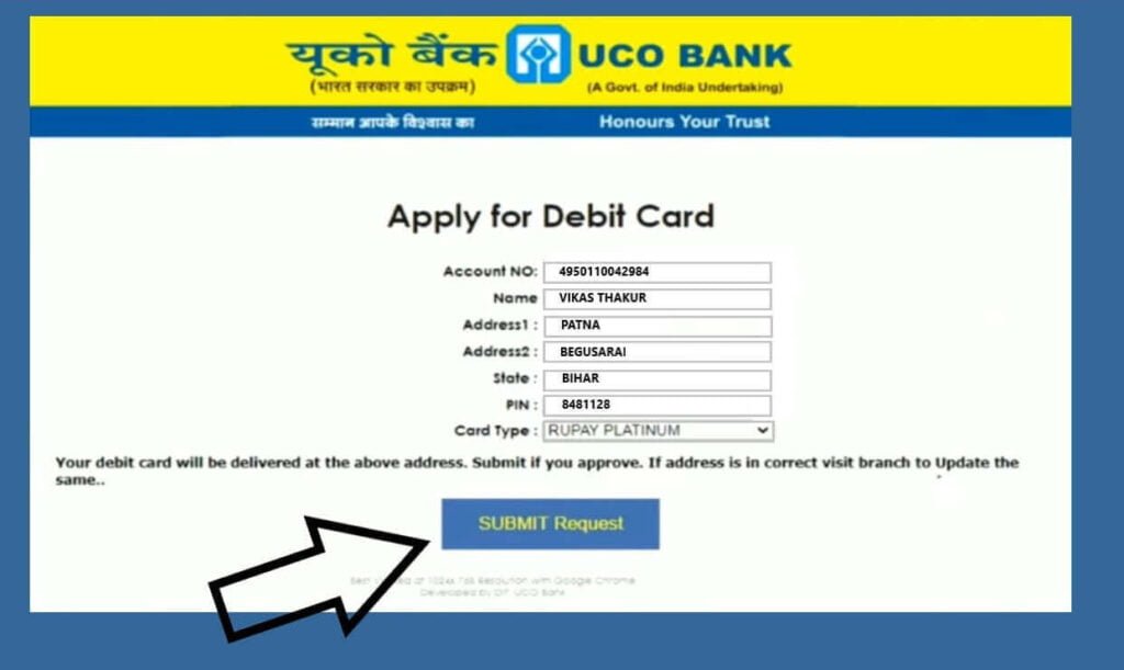 UCO bank debit card apply 