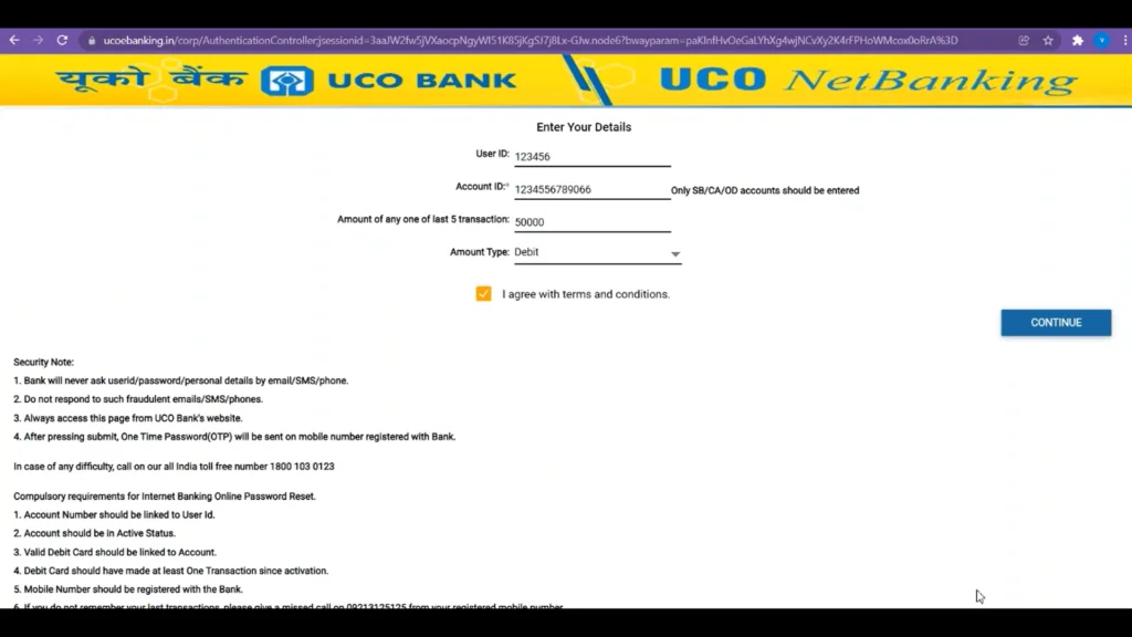 UCO internet banking password reset