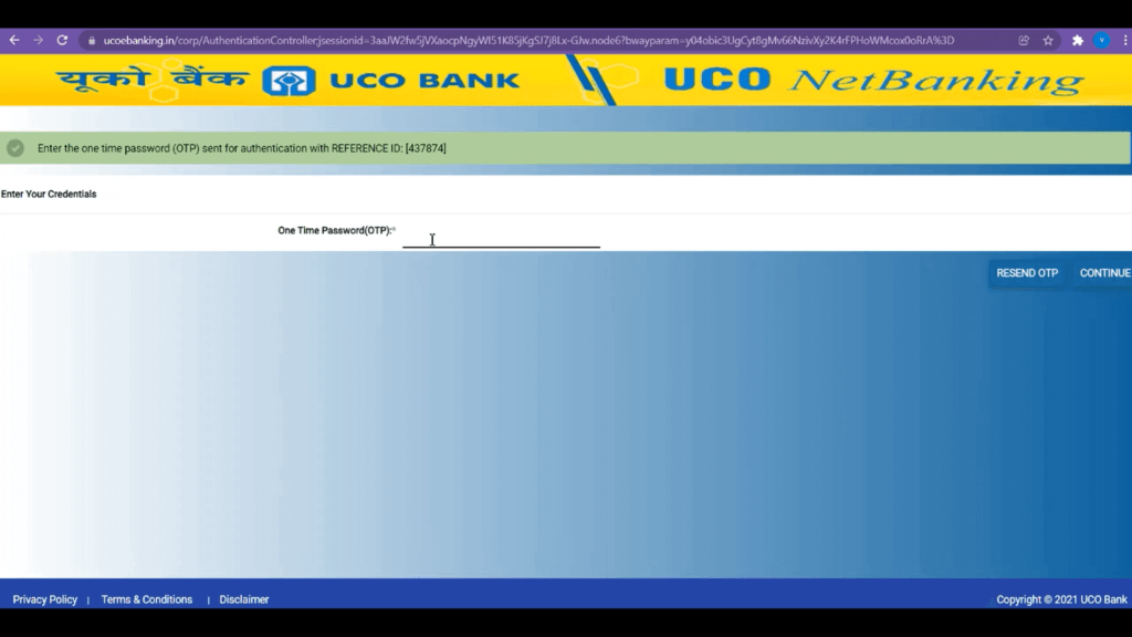 UCO internet banking password reset