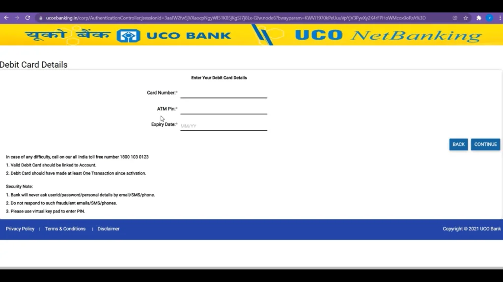 UCO internet banking password reset